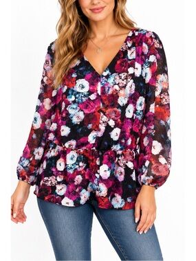 Attention Floral V-Neck Long Sleeve Blouse- Medium
